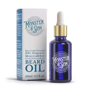 monster&son classic signature blend raw cold pressed organic beard oil 1.7oz - helps to hydrate, style and promote new hair growth - rich in vitamins & minerals - jojoba, argan & meadowfoam oils
