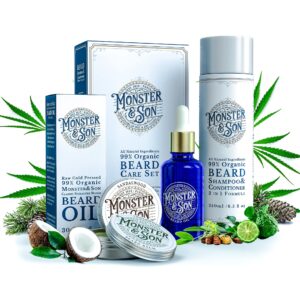 monster&son organic beard care growth kit - wash, hydrate and thicken your facial hair - all natural, hypoallergenic products, gentle on sensitive skin - ideal grooming gift for bearded men