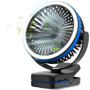 outxe 6700mah rechargeable clip on fan with light, battery operated clip fan with hanging hook, 4 speeds portable desk fan for treadmill, golf cart, bed, car seat, baby stroller - blue