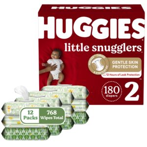huggies little snugglers diapers & wipes bundle: huggies little snugglers size 2 baby diaper, 180ct & huggies natural care sensitive wipes, unscented, 12 packs (768 wipes total) (packaging may vary)