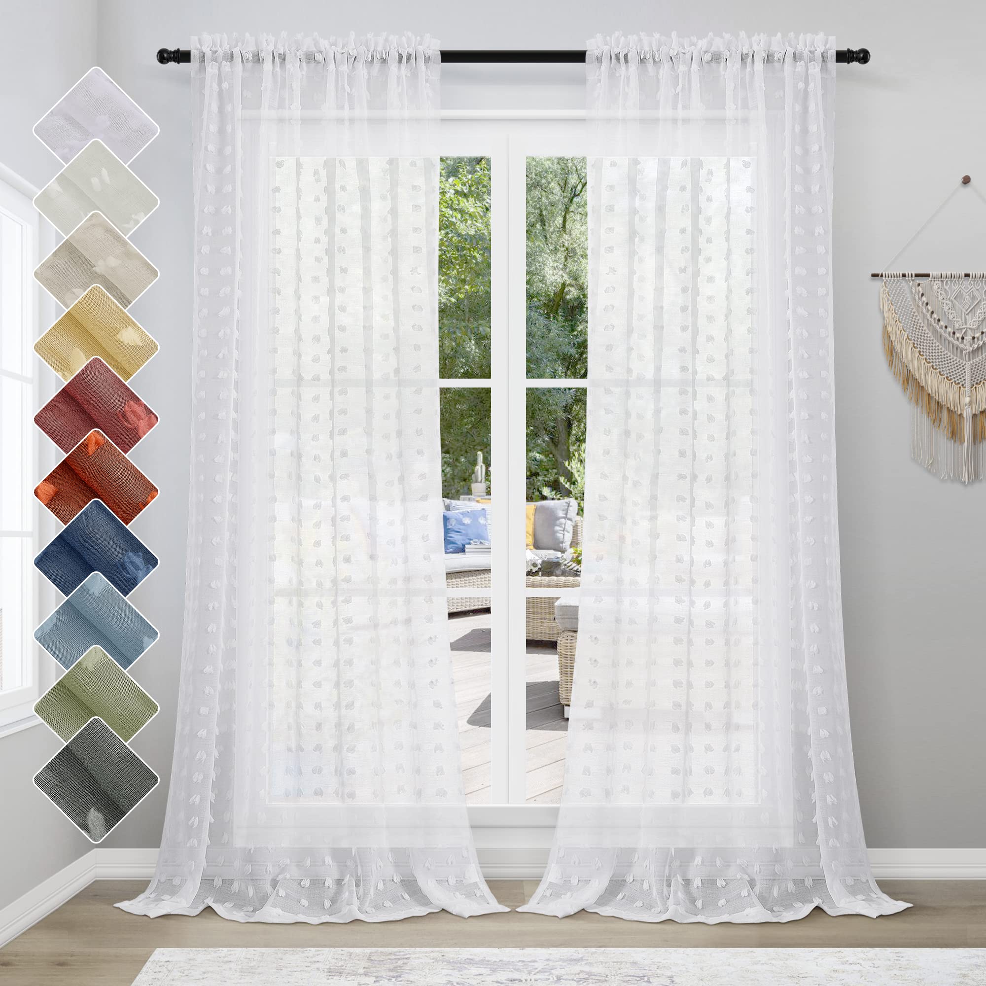 Guken Sheer Curtains 96 Inch Length 2 Panels Sets for Living Room Bedroom 52 Inch Width Farmhouse Boho Drapes Light Filtering Pom Pom Curtains Tufted Semi Sheer Kids Rod Pocket,White,W52xL96