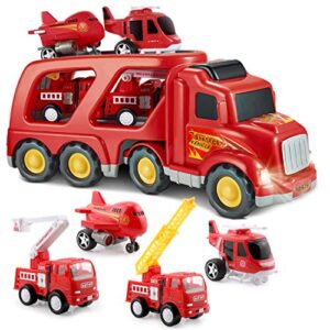 slenpet fire truck toys for 3 4 5 years old boys kids toddlers, vehicles toy set with light and sound, large transport cargo truck, small helicopter, airplane, emergency rescue cars, 5 in 1 playset