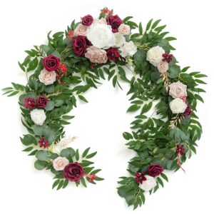 ling's moment eucalyptus garland with flowers 6ft，table runner with flowers marsala mantle decor handcrafted wedding centerpieces for rehearsal dinner bridal shower | marsala
