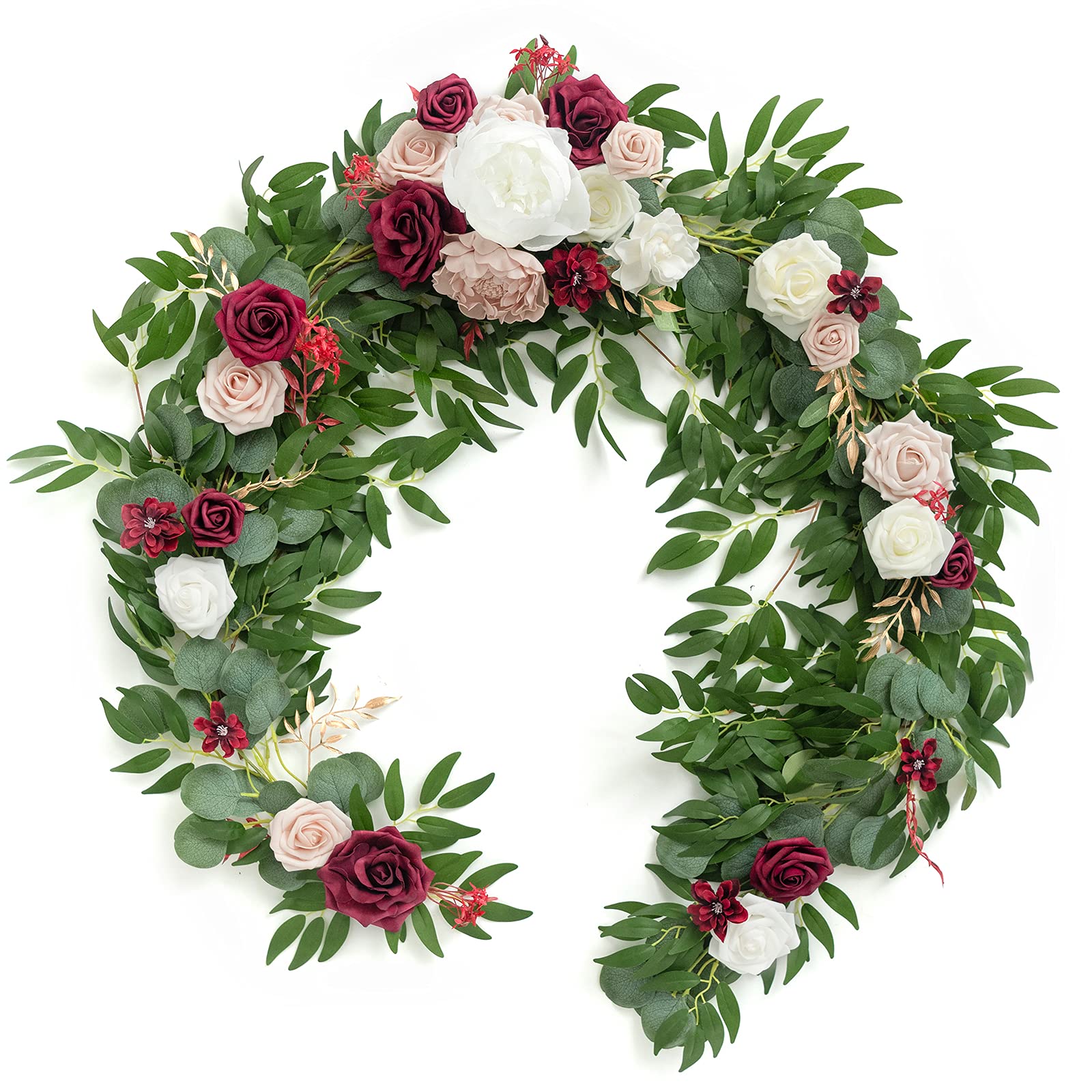 Ling's Moment Eucalyptus Garland with Flowers 6FT，Table Runner with Flowers Marsala Mantle Decor Handcrafted Wedding Centerpieces for Rehearsal Dinner Bridal Shower | Marsala