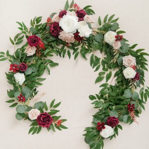 Ling's Moment Eucalyptus Garland with Flowers 6FT，Table Runner with Flowers Marsala Mantle Decor Handcrafted Wedding Centerpieces for Rehearsal Dinner Bridal Shower | Marsala