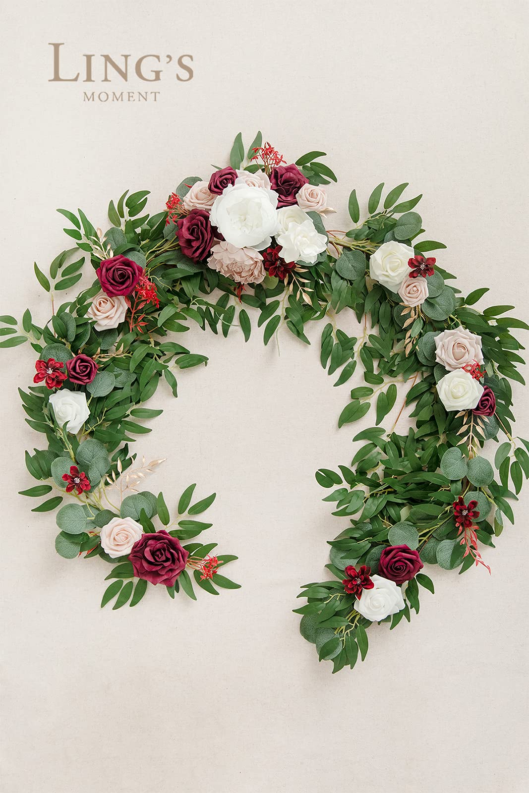 Ling's Moment Eucalyptus Garland with Flowers 6FT，Table Runner with Flowers Marsala Mantle Decor Handcrafted Wedding Centerpieces for Rehearsal Dinner Bridal Shower | Marsala