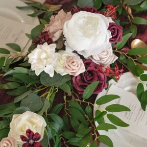 Ling's Moment Eucalyptus Garland with Flowers 6FT，Table Runner with Flowers Marsala Mantle Decor Handcrafted Wedding Centerpieces for Rehearsal Dinner Bridal Shower | Marsala