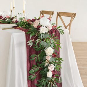 Ling's Moment Eucalyptus Garland with Flowers 6FT，Table Runner with Flowers Marsala Mantle Decor Handcrafted Wedding Centerpieces for Rehearsal Dinner Bridal Shower | Marsala