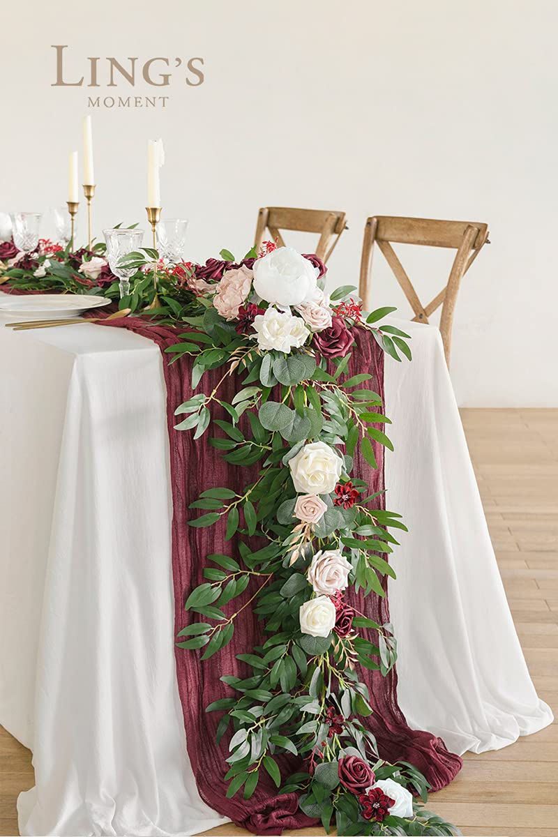 Ling's Moment Eucalyptus Garland with Flowers 6FT，Table Runner with Flowers Marsala Mantle Decor Handcrafted Wedding Centerpieces for Rehearsal Dinner Bridal Shower | Marsala