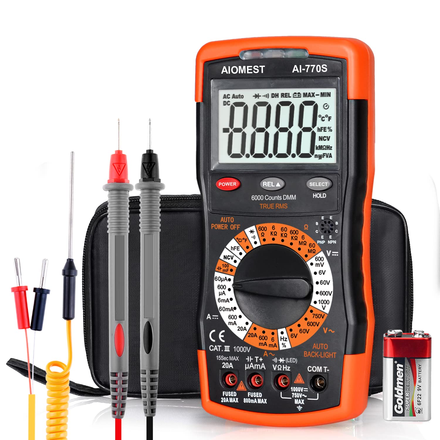 ANNMETER Digital Multimeter, AUTO-Ranging 6000 Counts TRMS DC&AC Vlotmeter Ohm Amp Resistance Capacitor Meter, Measures Frequency Duty Cycle Temp Transistor hEF AN-770S