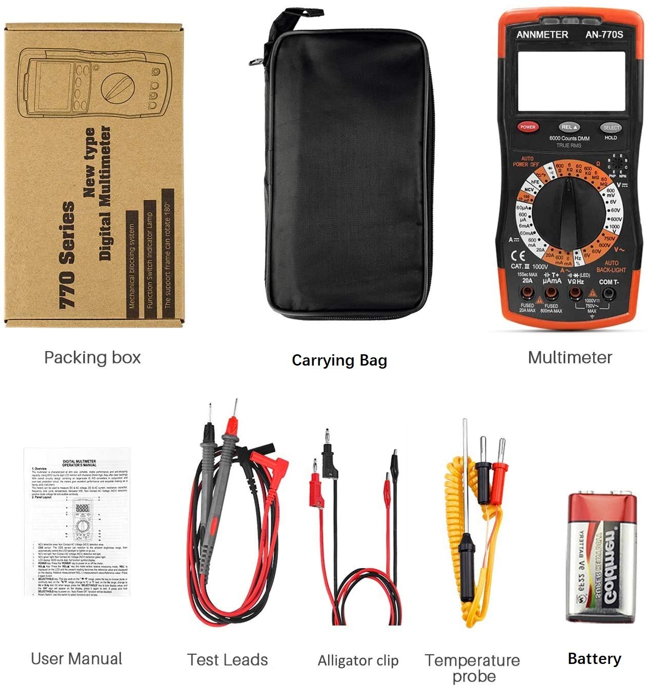 ANNMETER Digital Multimeter, AUTO-Ranging 6000 Counts TRMS DC&AC Vlotmeter Ohm Amp Resistance Capacitor Meter, Measures Frequency Duty Cycle Temp Transistor hEF AN-770S