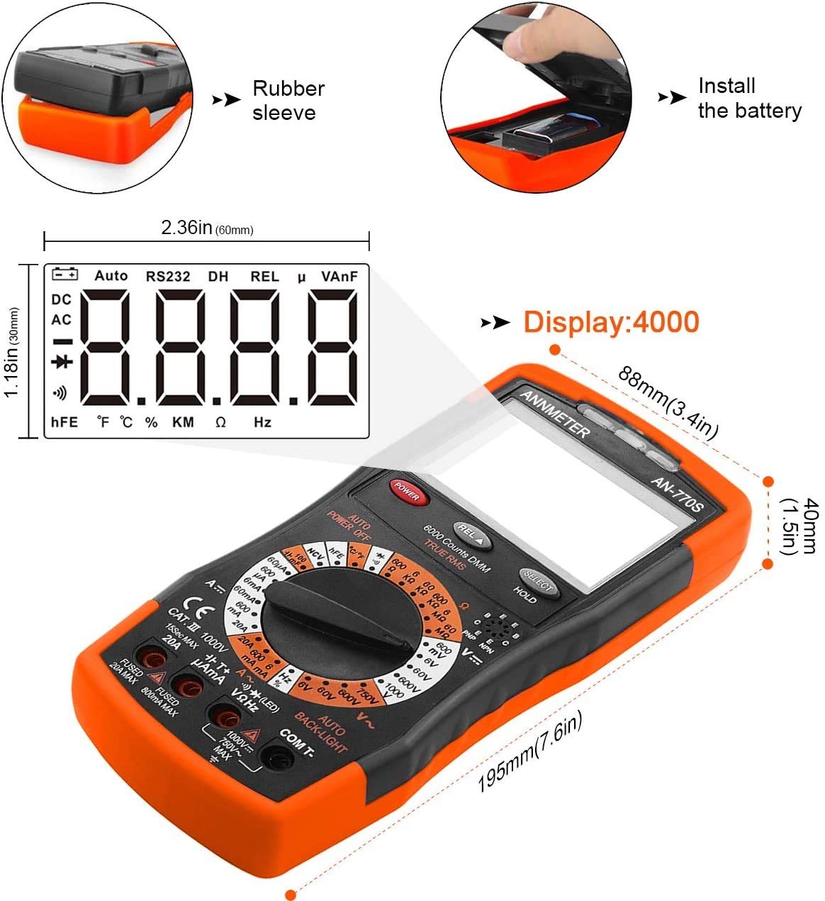 ANNMETER Digital Multimeter, AUTO-Ranging 6000 Counts TRMS DC&AC Vlotmeter Ohm Amp Resistance Capacitor Meter, Measures Frequency Duty Cycle Temp Transistor hEF AN-770S