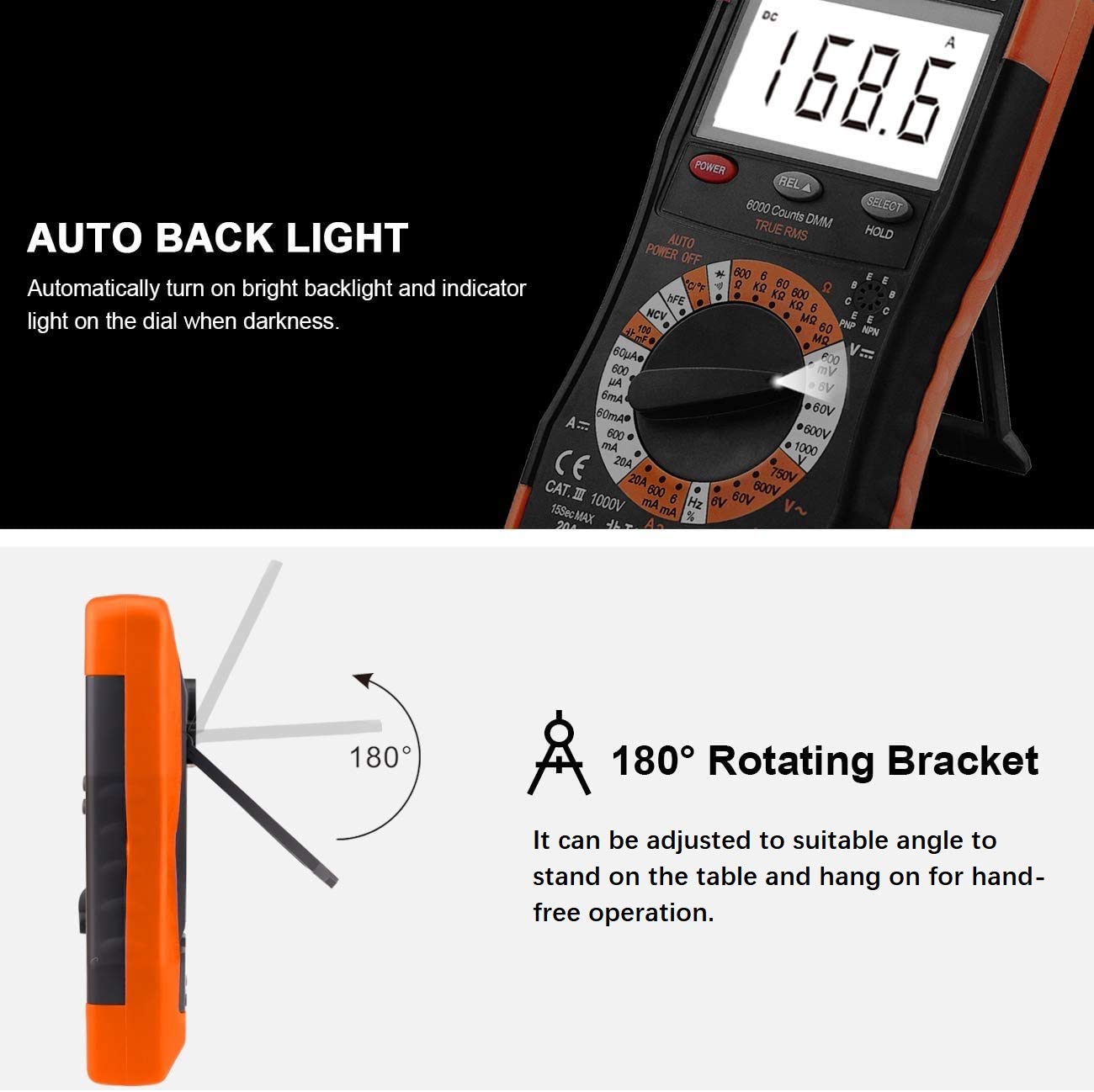 ANNMETER Digital Multimeter, AUTO-Ranging 6000 Counts TRMS DC&AC Vlotmeter Ohm Amp Resistance Capacitor Meter, Measures Frequency Duty Cycle Temp Transistor hEF AN-770S