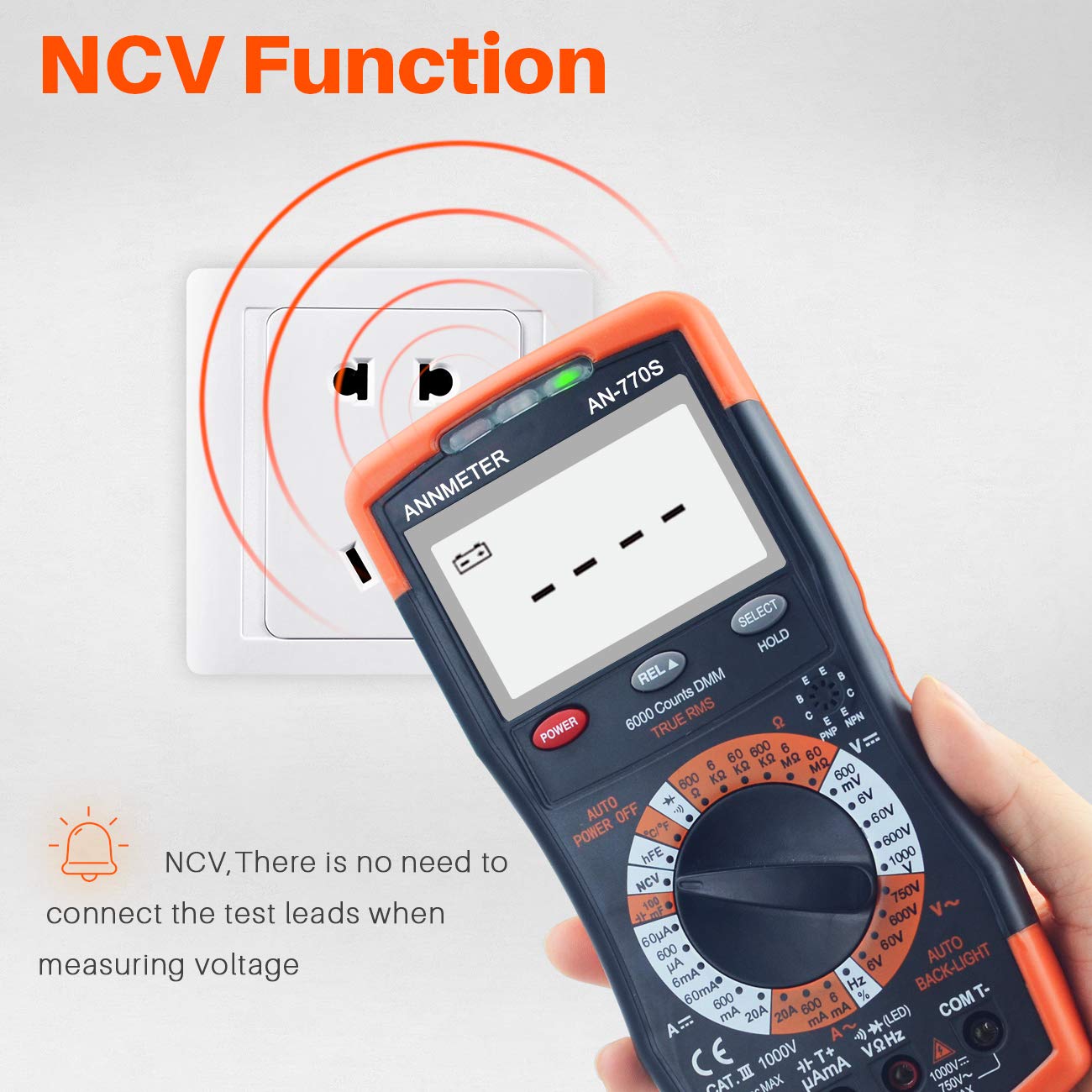 ANNMETER Digital Multimeter, AUTO-Ranging 6000 Counts TRMS DC&AC Vlotmeter Ohm Amp Resistance Capacitor Meter, Measures Frequency Duty Cycle Temp Transistor hEF AN-770S