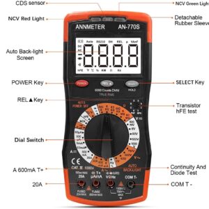 ANNMETER Digital Multimeter, AUTO-Ranging 6000 Counts TRMS DC&AC Vlotmeter Ohm Amp Resistance Capacitor Meter, Measures Frequency Duty Cycle Temp Transistor hEF AN-770S