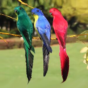 lwingflyer 3pcs colorful fake feather parrot ornaments clip on artificial bird for christmas tree decoration modern home garden zoo decor (red blue green)