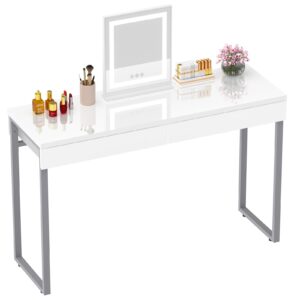 greenforest vanity desk with 2 drawers glossy white 39 inch modern home office computer desk makeup dressing console table with metal silver legs for small spaces,silver