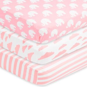 baebae goods fitted baby crib sheets for girls, 3 pack, soft and breathable jersey cotton, pink and white, cute girly nursery mattress bedding, universal fit