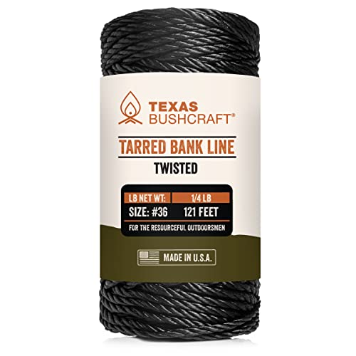 Texas Bushcraft Tarred Bank Line Twine - #36 Black Nylon String for Fishing, Camping and Outdoor Survival – Strong, Weather Resistant Bankline Cordage for Trotline (1/4 lb, Twisted)