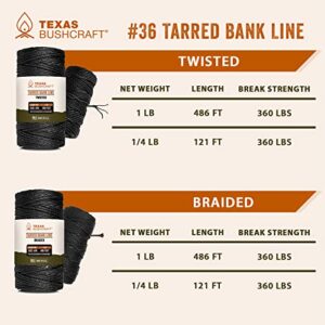 Texas Bushcraft Tarred Bank Line Twine - #36 Black Nylon String for Fishing, Camping and Outdoor Survival – Strong, Weather Resistant Bankline Cordage for Trotline (1/4 lb, Twisted)