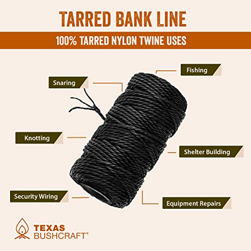 Texas Bushcraft Tarred Bank Line Twine - #36 Black Nylon String for Fishing, Camping and Outdoor Survival – Strong, Weather Resistant Bankline Cordage for Trotline (1/4 lb, Twisted)