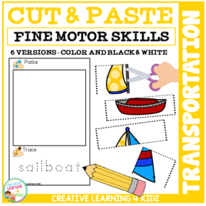 cut and paste fine motor skills puzzle worksheets: transportation