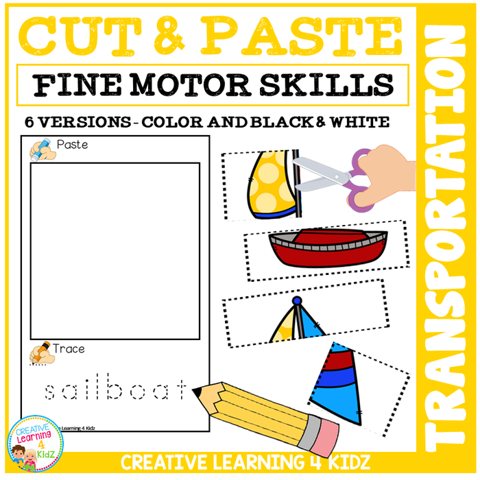 Cut and Paste Fine Motor Skills Puzzle Worksheets: Transportation