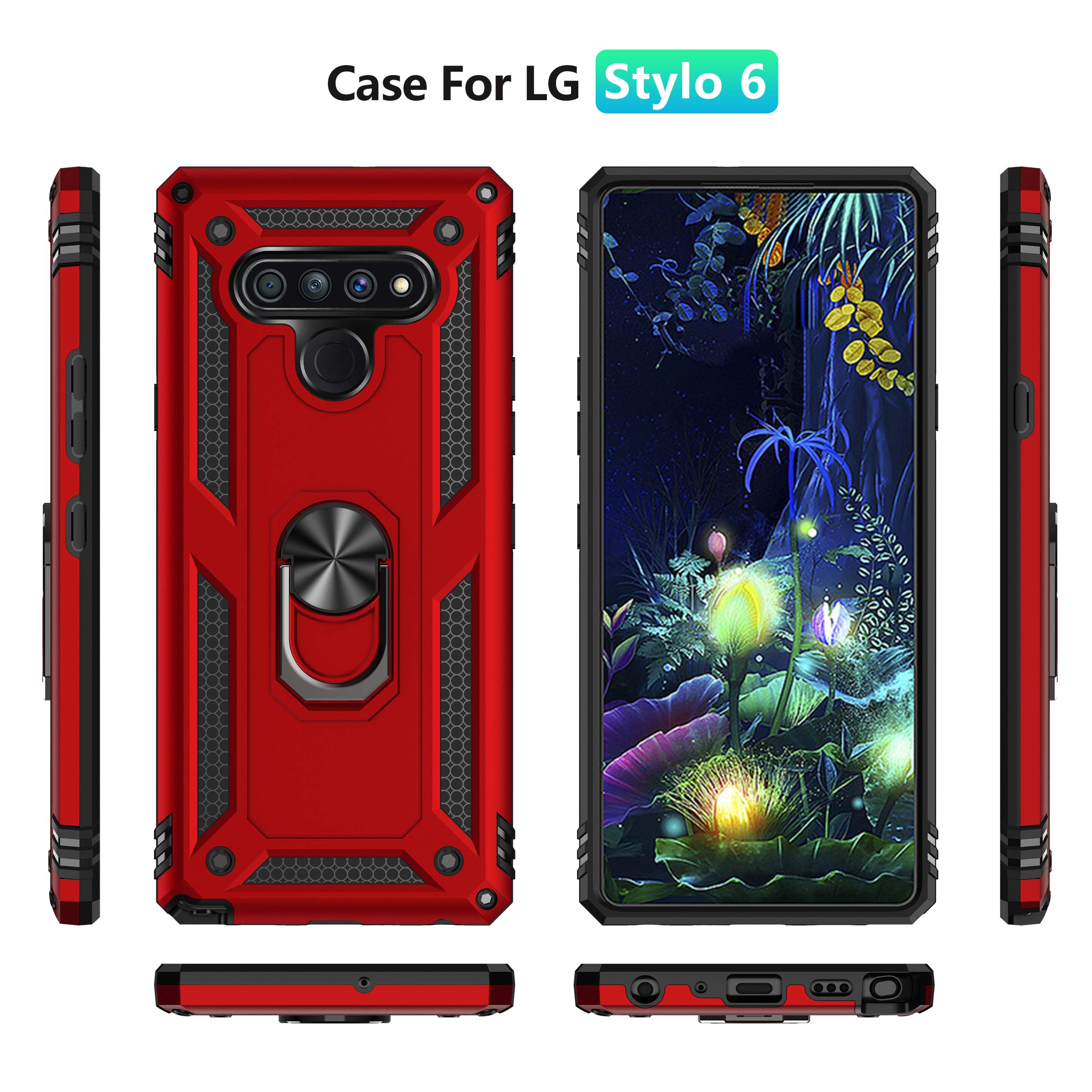 YZOK Compatible with LG Stylo 6 Case,with HD Screen Protector,Military Grade Protective Phone Case with 360 Degree Rotating Metal Ring, Holder Kickstand Cover Case for LG Stylo 6 (Red)