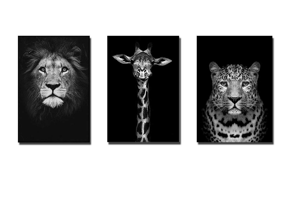 Black and White Animal Painting the Lion & Giraffe & Cheetah Cafe home, office, decoration painting ,wall painting Wall Art Pictures Wall Decor Wall Art Poster Set of 3（11.8"X15.75"）【No Frame】