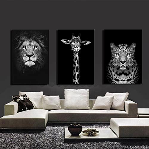 Black and White Animal Painting the Lion & Giraffe & Cheetah Cafe home, office, decoration painting ,wall painting Wall Art Pictures Wall Decor Wall Art Poster Set of 3（11.8"X15.75"）【No Frame】