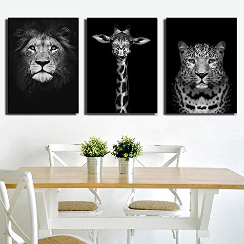 Black and White Animal Painting the Lion & Giraffe & Cheetah Cafe home, office, decoration painting ,wall painting Wall Art Pictures Wall Decor Wall Art Poster Set of 3（11.8"X15.75"）【No Frame】