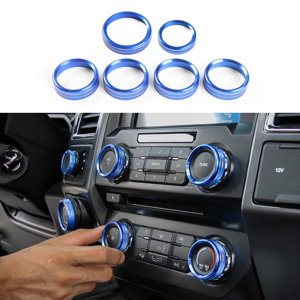 Keptrim for F150 Air Conditioner Switch & Trailer & 4WD & VOL Knob Button Trim for Ford F150 XLT 2016 2017 2018 2019, Blue Aluminum, 6pcs (Not for 2021 2022)