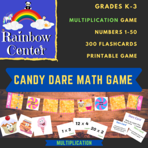 candy dare race math game - multiplication - grades k-3 using number combinations 1-50 - printable game activity