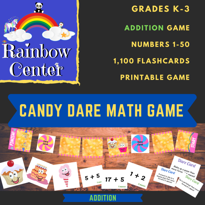 Candy Dare Race Math Game - Addition - Grades K-3 Using Number Combinations 1-50 - Printable Game Activity