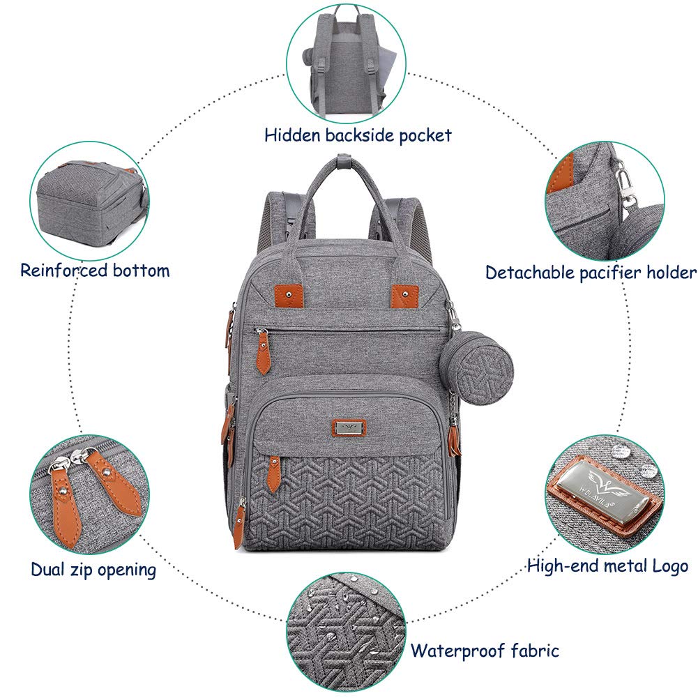 Diaper Bag Backpack, Unisex Baby Bags with Changing pad, Insulated Pockets & Pacifier Holder for Boys Girls, WELAVILA Large Multifunction Travel Back Pack for Mom & Dad, Gray