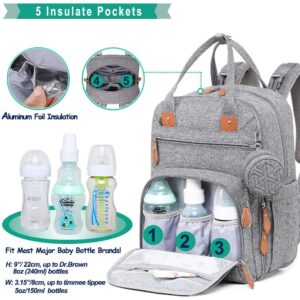 Diaper Bag Backpack, Unisex Baby Bags with Changing pad, Insulated Pockets & Pacifier Holder for Boys Girls, WELAVILA Large Multifunction Travel Back Pack for Mom & Dad, Gray