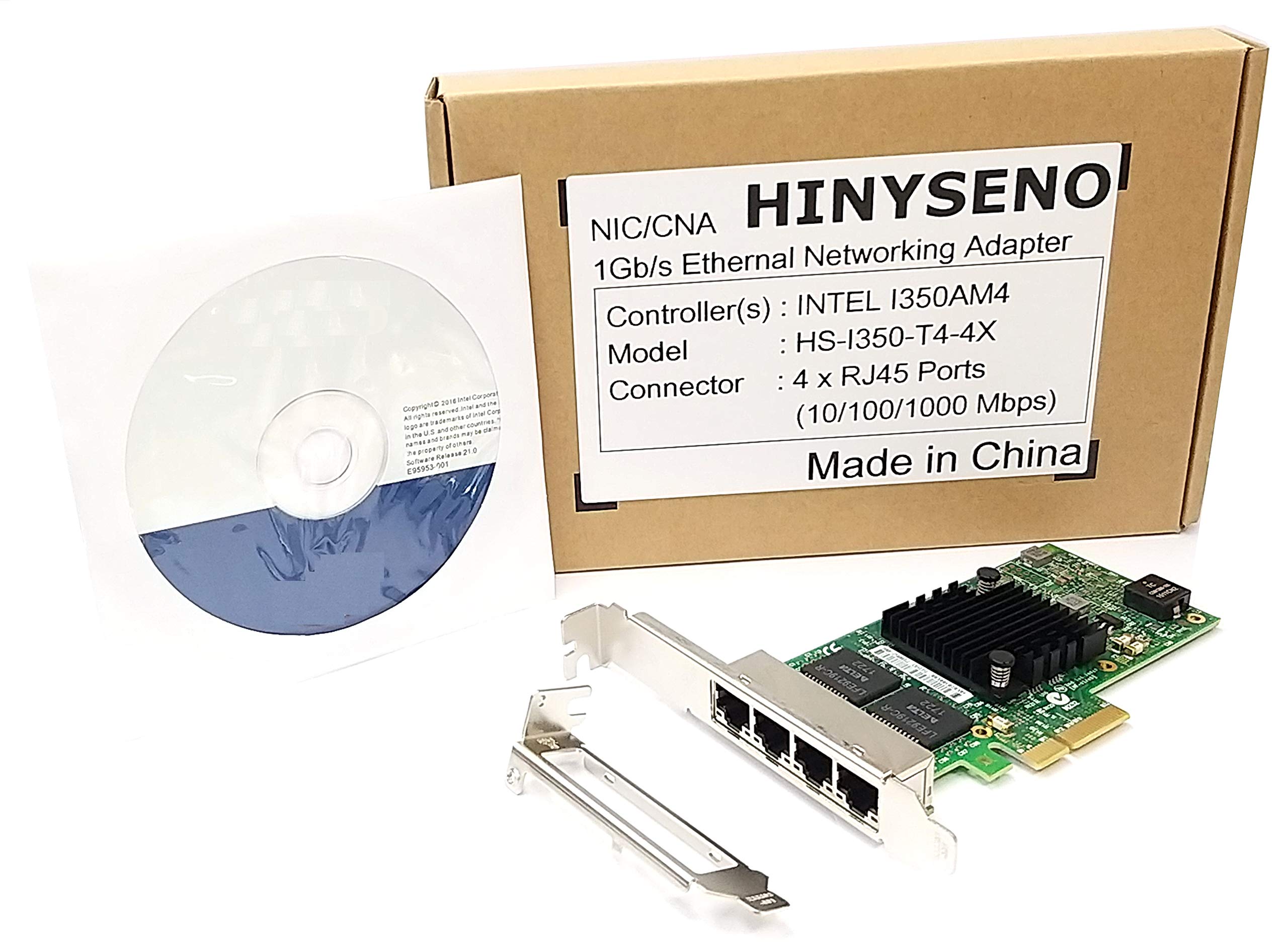 HINYSENO 4 Port RJ-45 10/100/1000Mbps PCI-Express x 4 Gigabit Ethernet Server Adapter 4 Port Network Interface Controller Card for I350AM4 Chipset, Compare to Intel I350-T4