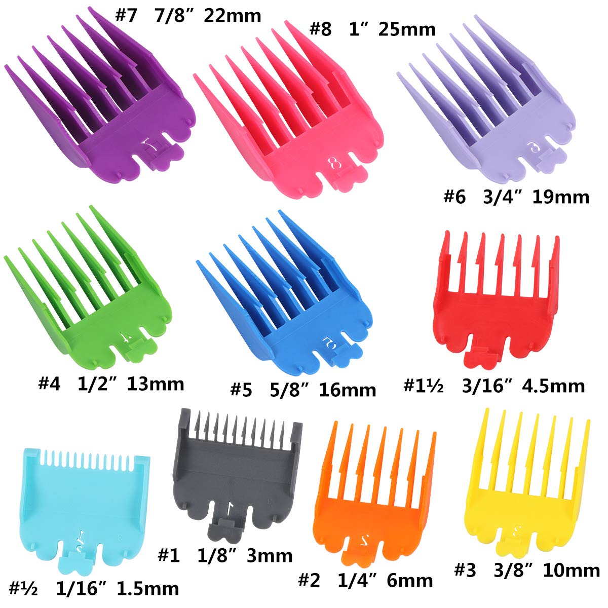 Harapu 10 Pcs Colorful Professional Hair Clipper Combs Guides 1/16” to 1”,Attachment Guide Combs Replacement Guards Set for WahI Clippers/Trimmers