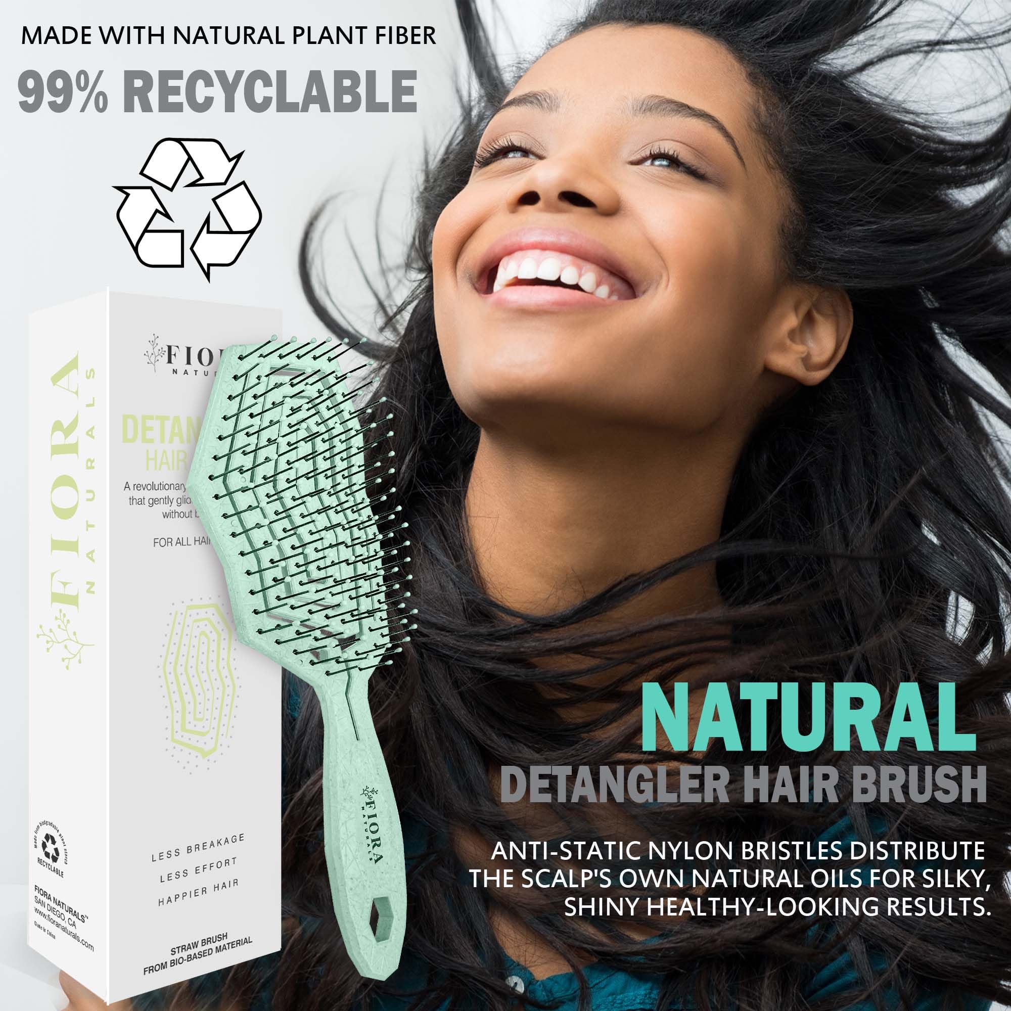 Fiora Naturals Hair Detangling Brush -100% Bio-Friendly Detangler hair brush w/Ultra-soft Bristles- Glide Through Tangles with Ease - For Curly, Stright, Women, Men, Kids, Toddlers, Wet and Dry Hair