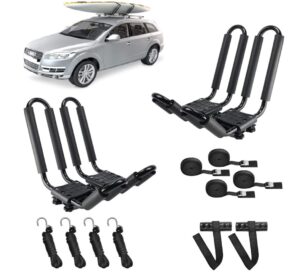 drsports 2 pairs heavy duty universal j-bar kayak rack roof top carrier for kayak canoe paddle boat mounted on car suv, car and truck crossbar with 4 pcs tie down straps