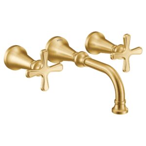 moen colinet brushed gold traditional cross handle wall mount bathroom faucet trim, valve required, ts44105bg