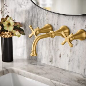 Moen Colinet Brushed Gold Traditional Cross Handle Wall Mount Bathroom Faucet Trim, Valve Required, TS44105BG