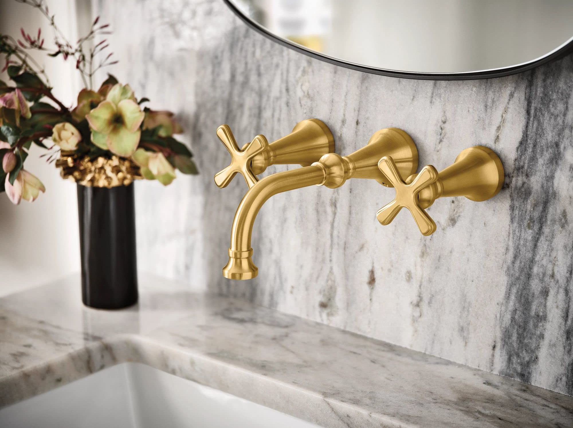 Moen Colinet Brushed Gold Traditional Cross Handle Wall Mount Bathroom Faucet Trim, Valve Required, TS44105BG