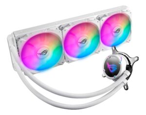 asus rog strix lc 360 rgb white edition all-in-one liquid cpu cooler with aura sync rgb, and triple rog 120mm addressable rgb radiator fans