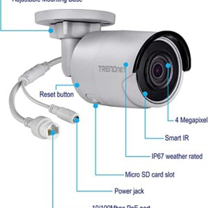 TRENDnet Indoor-Outdoor 4MP H.265 120dB WDR PoE Bullet Network Camera, IP67 Weather Rated Housing, Smart Covert IR Night Vision Up To 30m (98 ft), MicroSD Card Slot (Up to 128GB), White, TV-IP1314PI