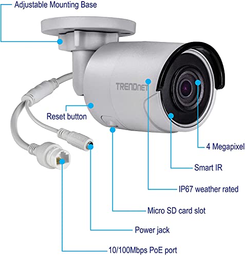 TRENDnet Indoor-Outdoor 4MP H.265 120dB WDR PoE Bullet Network Camera, IP67 Weather Rated Housing, Smart Covert IR Night Vision Up To 30m (98 ft), MicroSD Card Slot (Up to 128GB), White, TV-IP1314PI