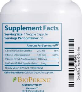 Clinical Effects Vitamin K2 + D3 - K2 + D3 Vitamin Supplement with Bioperine Black Pepper Extract and Calcium for Bone and Heart Health Support - 60 Capsules - Max Absorption - Made in The USA