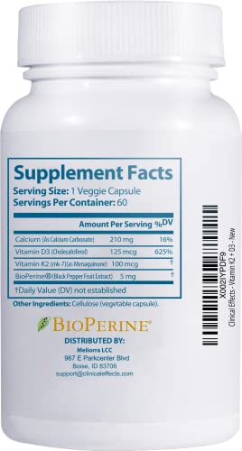 Clinical Effects Vitamin K2 + D3 - K2 + D3 Vitamin Supplement with Bioperine Black Pepper Extract and Calcium for Bone and Heart Health Support - 60 Capsules - Max Absorption - Made in The USA