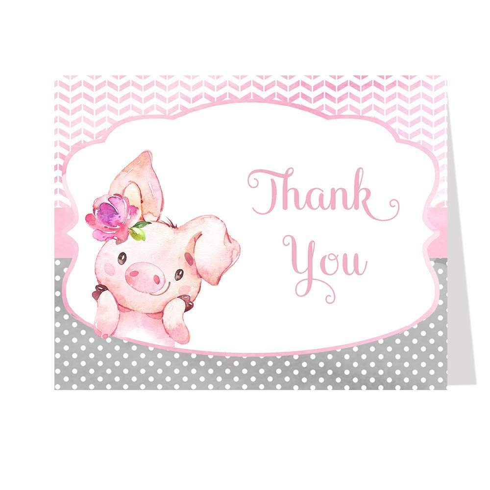 The Invite Lady Pig Thank You Cards Little Piggy Miss Farm Baby Shower Bridal Polka Dots Pink Watercolor Chevron Stripes Folding Notes Blank Inside (24 Count)