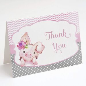 The Invite Lady Pig Thank You Cards Little Piggy Miss Farm Baby Shower Bridal Polka Dots Pink Watercolor Chevron Stripes Folding Notes Blank Inside (24 Count)